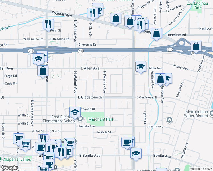 map of restaurants, bars, coffee shops, grocery stores, and more near 740 North Delancey Avenue in San Dimas