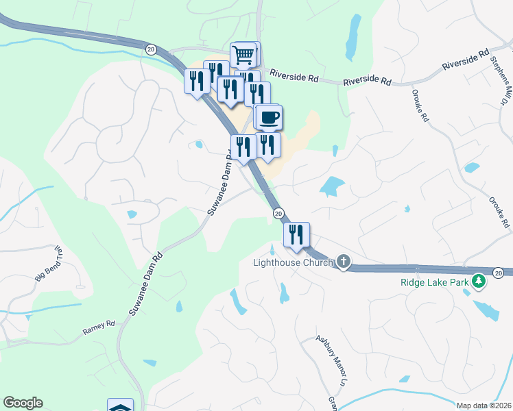 map of restaurants, bars, coffee shops, grocery stores, and more near 5794 Henry Bailey in Sugar Hill