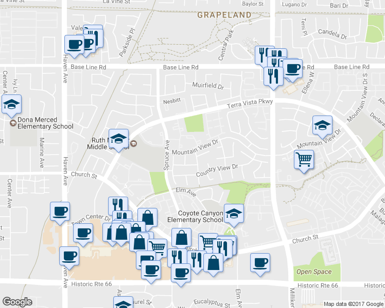 map of restaurants, bars, coffee shops, grocery stores, and more near 7636 Belvedere Place in Rancho Cucamonga