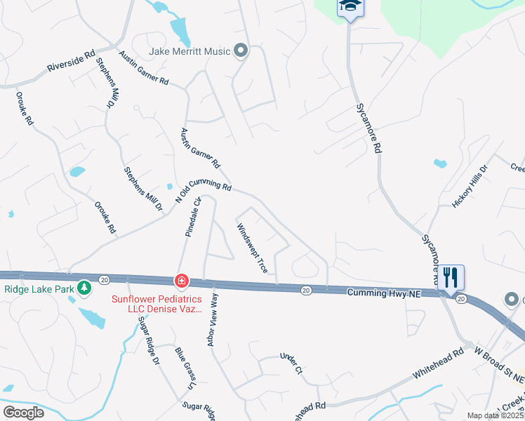 map of restaurants, bars, coffee shops, grocery stores, and more near 5590 Windswept Trace in Sugar Hill