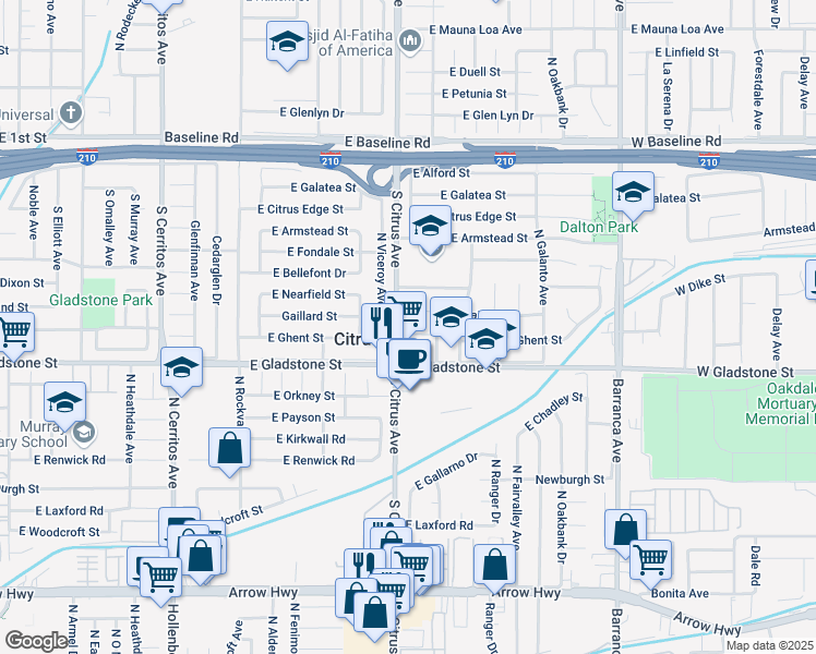 map of restaurants, bars, coffee shops, grocery stores, and more near 907 East Ghent Street in Azusa