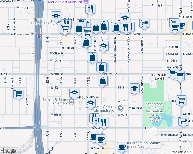 map of restaurants, bars, coffee shops, grocery stores, and more near 404 West 9th Street in San Bernardino