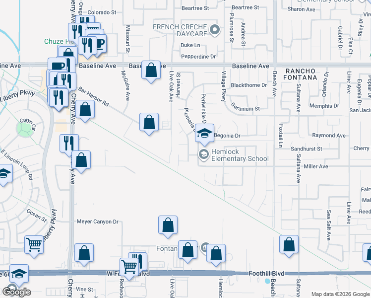 map of restaurants, bars, coffee shops, grocery stores, and more near 7581 Honeysuckle Street in Fontana