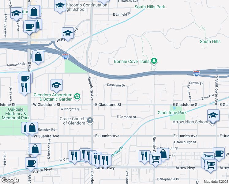 map of restaurants, bars, coffee shops, grocery stores, and more near 1300 South Rimhurst Avenue in Glendora