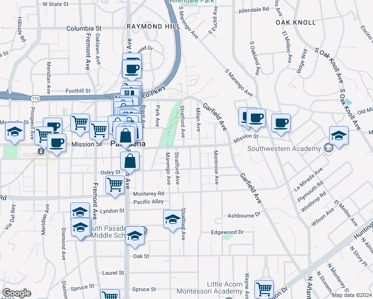 map of restaurants, bars, coffee shops, grocery stores, and more near 1818 Mission Street in South Pasadena