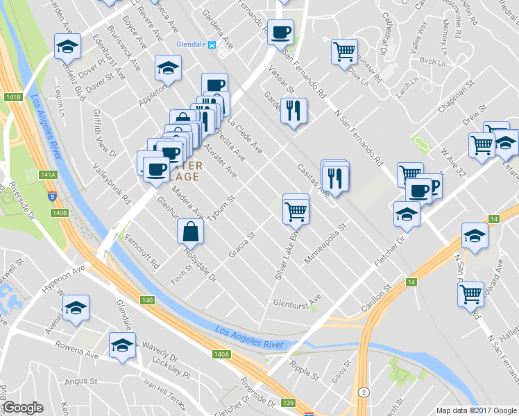 map of restaurants, bars, coffee shops, grocery stores, and more near 3320 Perlita Avenue in Los Angeles