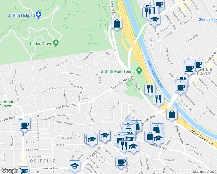 map of restaurants, bars, coffee shops, grocery stores, and more near 3530 Griffith Park Boulevard in Los Angeles