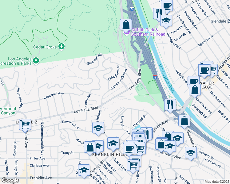 map of restaurants, bars, coffee shops, grocery stores, and more near 3530 Griffith Park Boulevard in Los Angeles