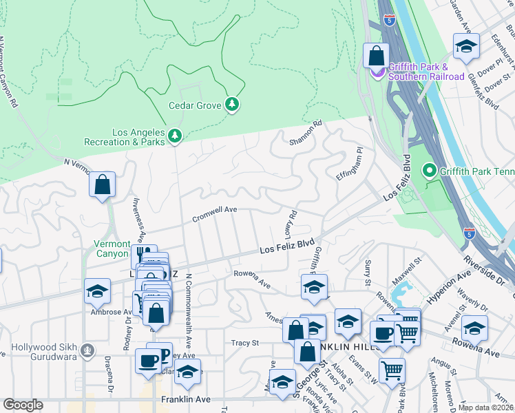 map of restaurants, bars, coffee shops, grocery stores, and more near 4041 Woking Way in Los Angeles
