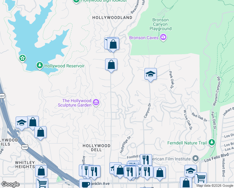 map of restaurants, bars, coffee shops, grocery stores, and more near 2700 Rutherford Drive in Los Angeles