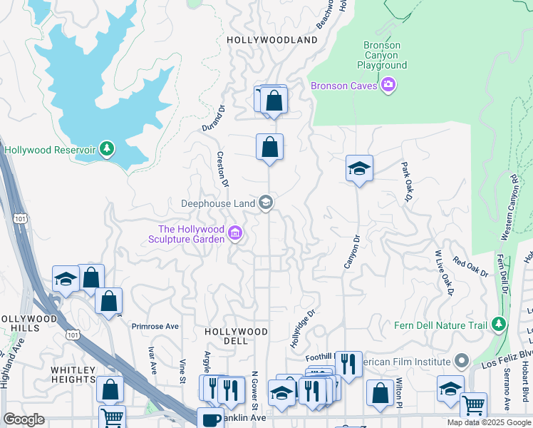 map of restaurants, bars, coffee shops, grocery stores, and more near 2519 North Beachwood Drive in Los Angeles