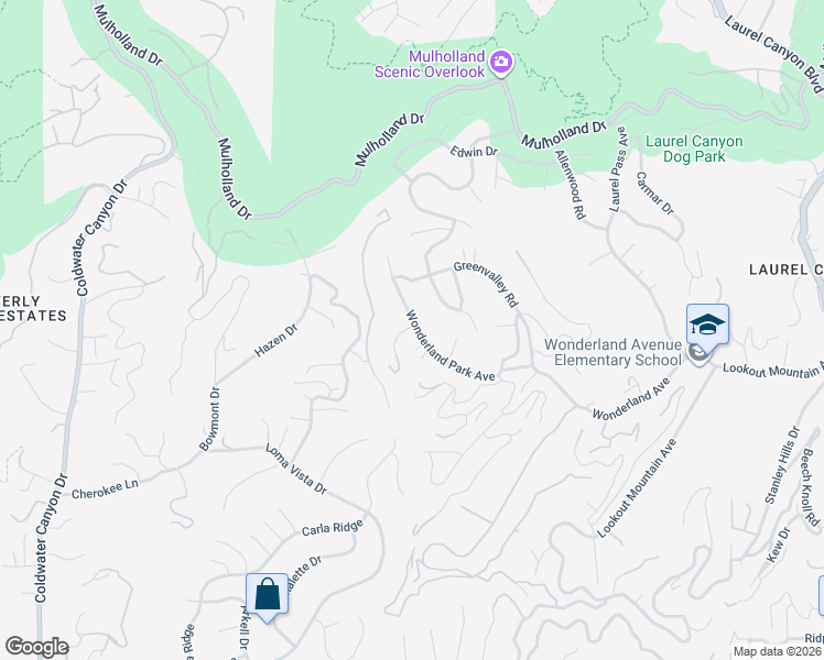 map of restaurants, bars, coffee shops, grocery stores, and more near 9001 Wonderland Park Avenue in Los Angeles