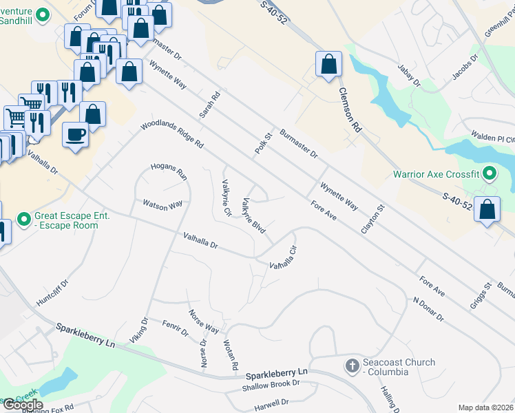 map of restaurants, bars, coffee shops, grocery stores, and more near 101 Woodlands Ridge Road in Columbia