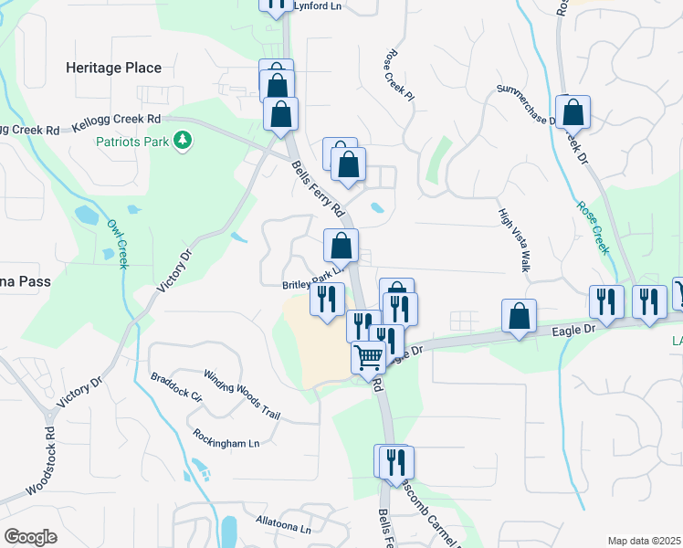 map of restaurants, bars, coffee shops, grocery stores, and more near 6449 Bells Ferry Road in Woodstock