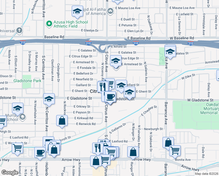 map of restaurants, bars, coffee shops, grocery stores, and more near 907 East Ghent Street in Azusa