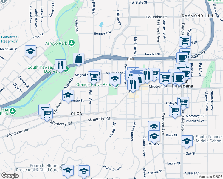 map of restaurants, bars, coffee shops, grocery stores, and more near 815 Mission Street in South Pasadena