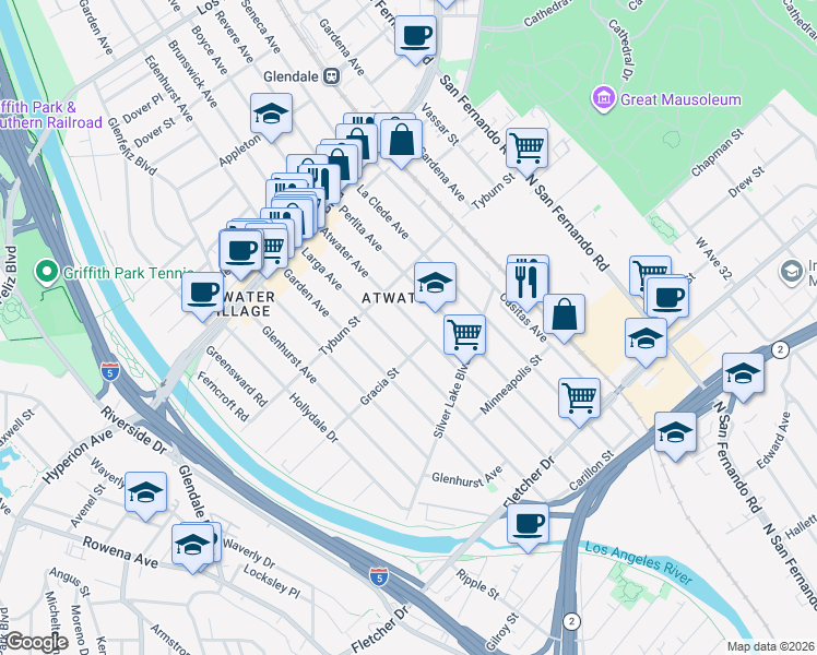 map of restaurants, bars, coffee shops, grocery stores, and more near 3320 Perlita Avenue in Los Angeles