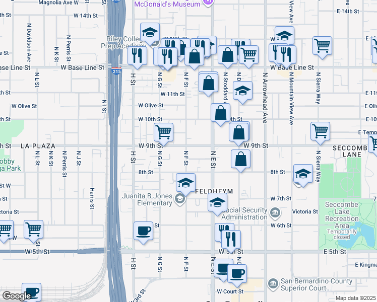 map of restaurants, bars, coffee shops, grocery stores, and more near 566 West 9th Street in San Bernardino