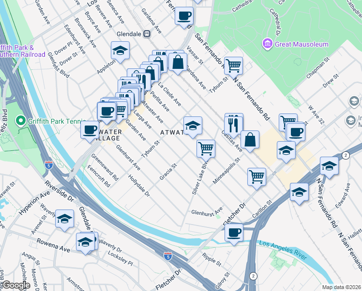 map of restaurants, bars, coffee shops, grocery stores, and more near 3322 Atwater Avenue in Los Angeles
