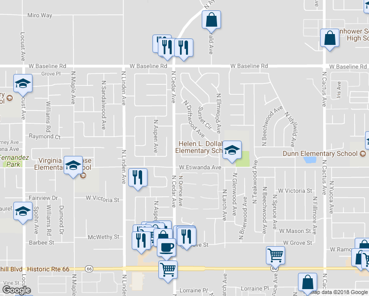 map of restaurants, bars, coffee shops, grocery stores, and more near 877 North Quince Avenue in Rialto