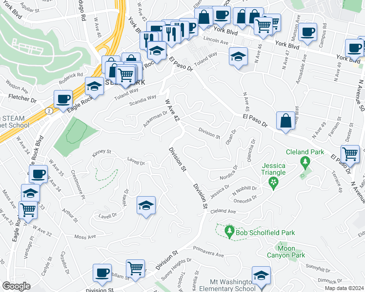 map of restaurants, bars, coffee shops, grocery stores, and more near 4234 Palmero Drive in Los Angeles