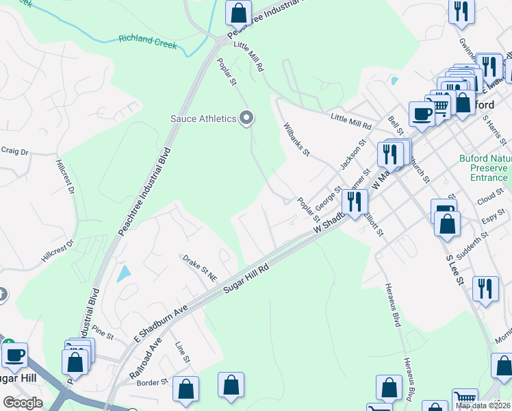 map of restaurants, bars, coffee shops, grocery stores, and more near 294 Poplar Street in Buford