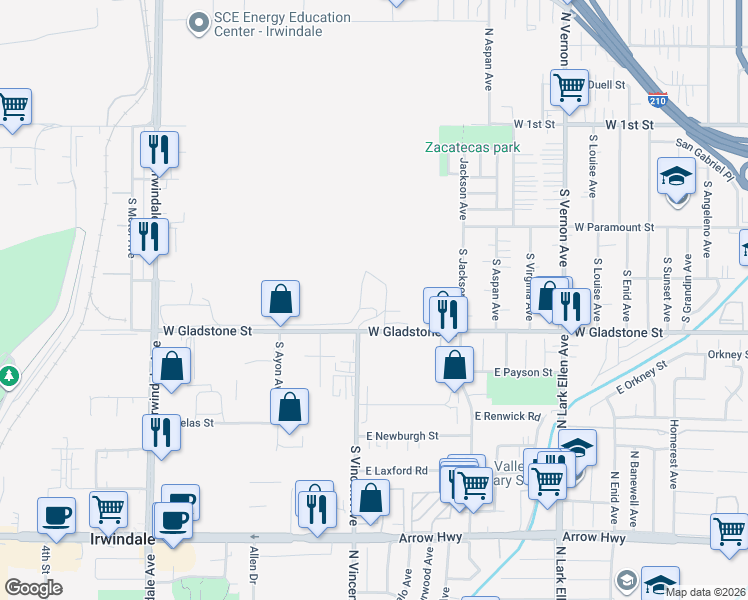 map of restaurants, bars, coffee shops, grocery stores, and more near 1211 West Gladstone Street in Azusa