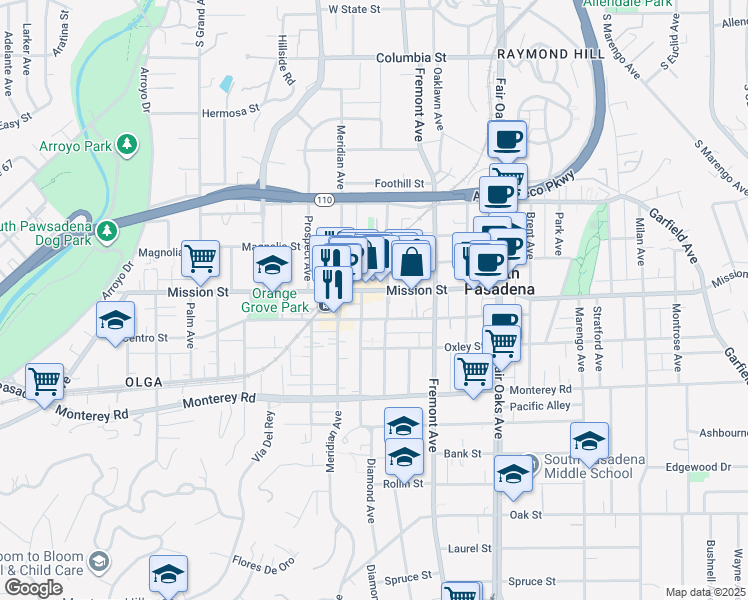 map of restaurants, bars, coffee shops, grocery stores, and more near 1100 Mission Street in South Pasadena