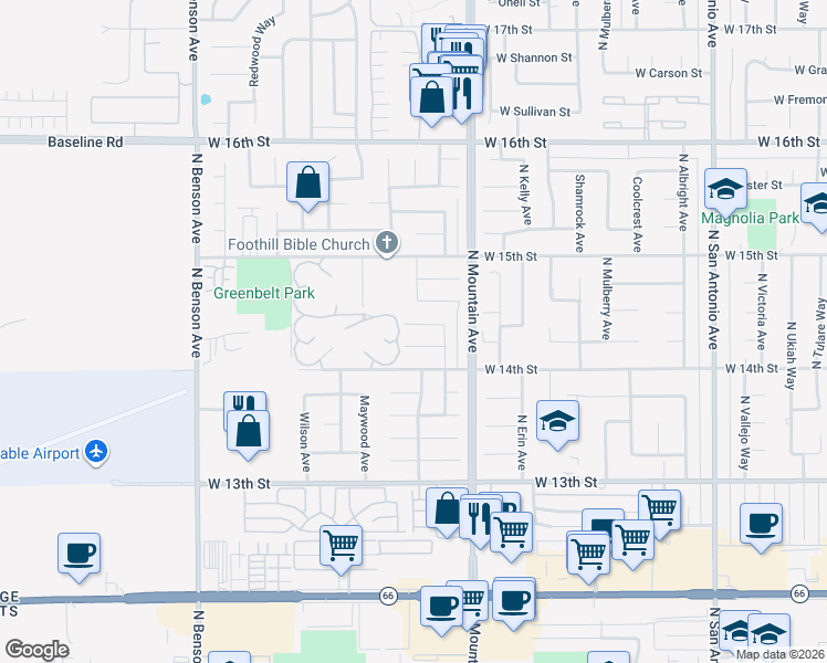 map of restaurants, bars, coffee shops, grocery stores, and more near 1278 West Winslow Street in Upland