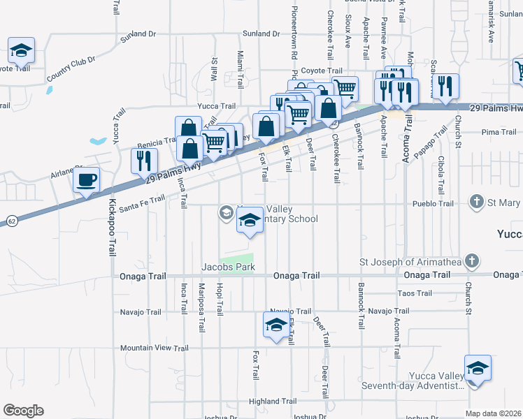 map of restaurants, bars, coffee shops, grocery stores, and more near 55725 Pueblo Trail in Yucca Valley