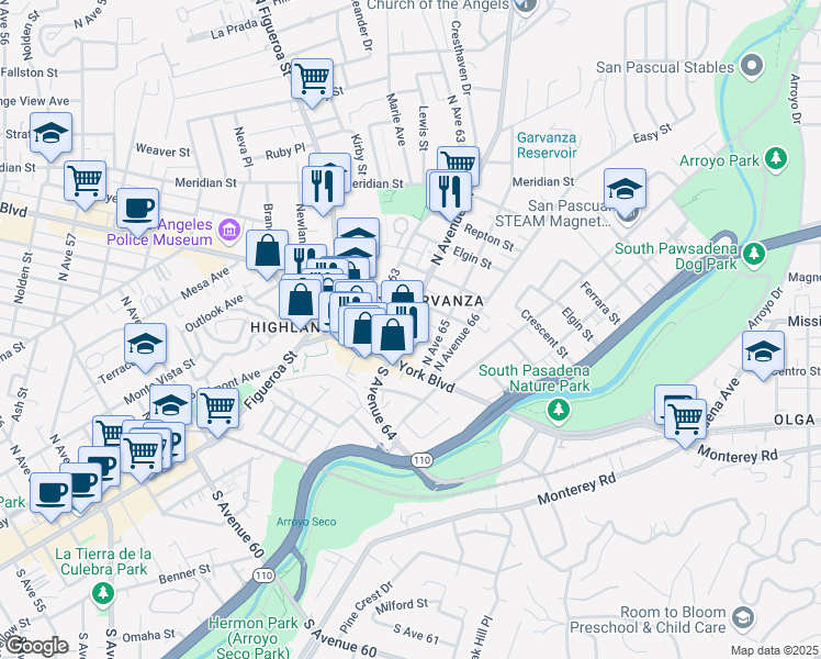 map of restaurants, bars, coffee shops, grocery stores, and more near 216 North Avenue 64 in Los Angeles