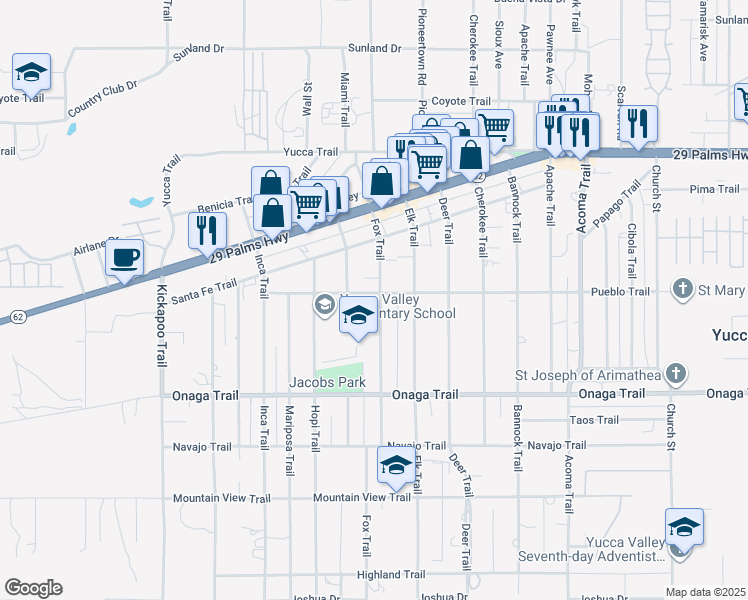 map of restaurants, bars, coffee shops, grocery stores, and more near 55725 Pueblo Trail in Yucca Valley
