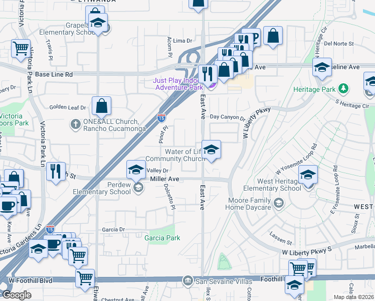 map of restaurants, bars, coffee shops, grocery stores, and more near 13239 River Oaks Drive in Rancho Cucamonga