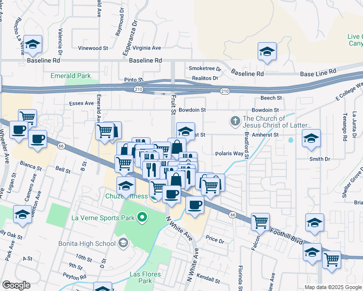 map of restaurants, bars, coffee shops, grocery stores, and more near 3960 Fruit Street in La Verne