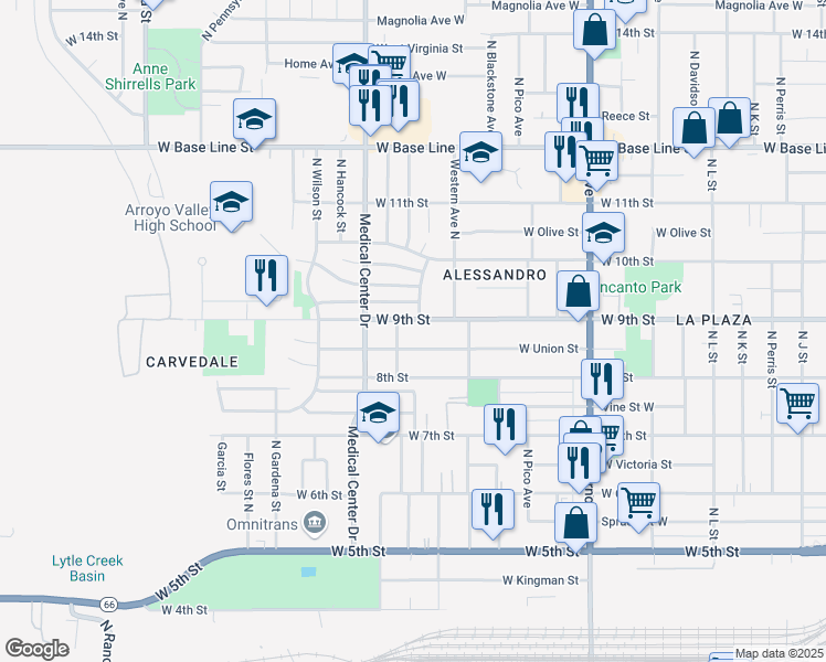 map of restaurants, bars, coffee shops, grocery stores, and more near 1561 West 9th Street in San Bernardino