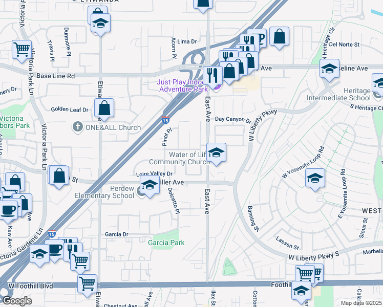 map of restaurants, bars, coffee shops, grocery stores, and more near 13239 River Oaks Drive in Rancho Cucamonga