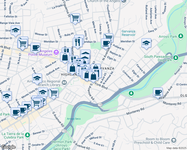 map of restaurants, bars, coffee shops, grocery stores, and more near 6320 Garvanza Avenue in Los Angeles