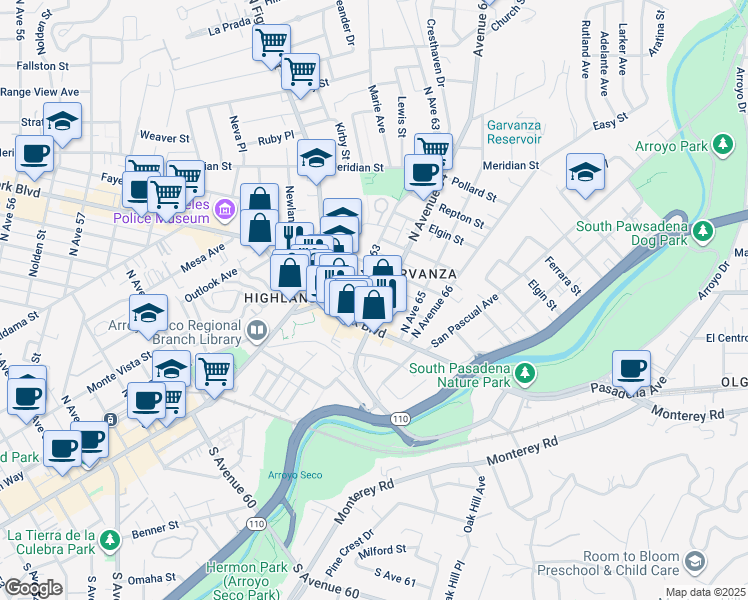 map of restaurants, bars, coffee shops, grocery stores, and more near 6320 Garvanza Avenue in Los Angeles
