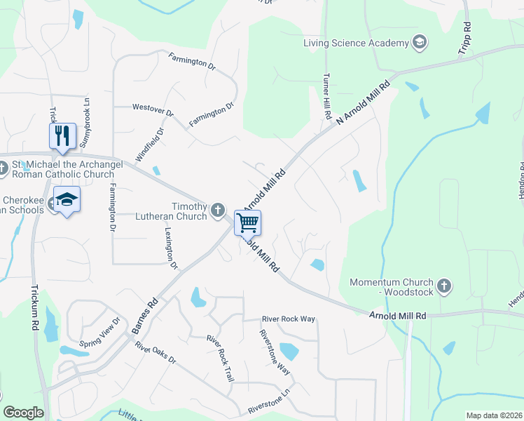 map of restaurants, bars, coffee shops, grocery stores, and more near 4012 North Arnold Mill Road in Woodstock