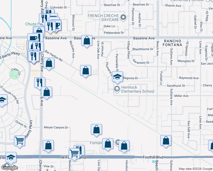 map of restaurants, bars, coffee shops, grocery stores, and more near 7581 Honeysuckle Street in Fontana