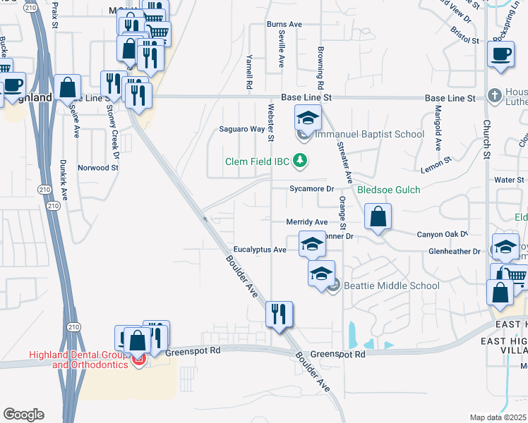 map of restaurants, bars, coffee shops, grocery stores, and more near 28283 Kane Court in Highland