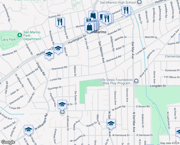 map of restaurants, bars, coffee shops, grocery stores, and more near 2105 Lorain Road in San Marino