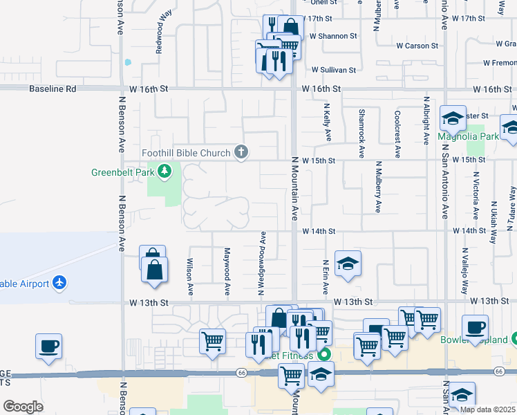 map of restaurants, bars, coffee shops, grocery stores, and more near 1278 West Winslow Street in Upland