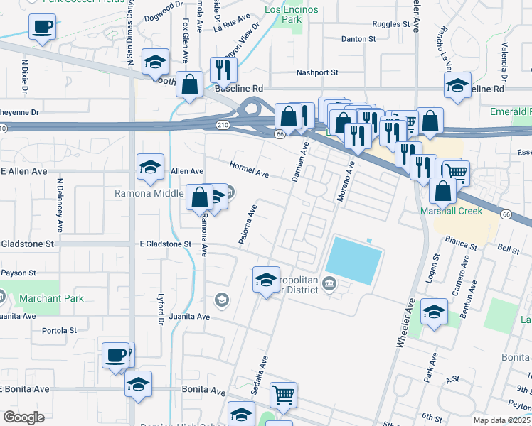 map of restaurants, bars, coffee shops, grocery stores, and more near 1047 Alondra Circle in La Verne