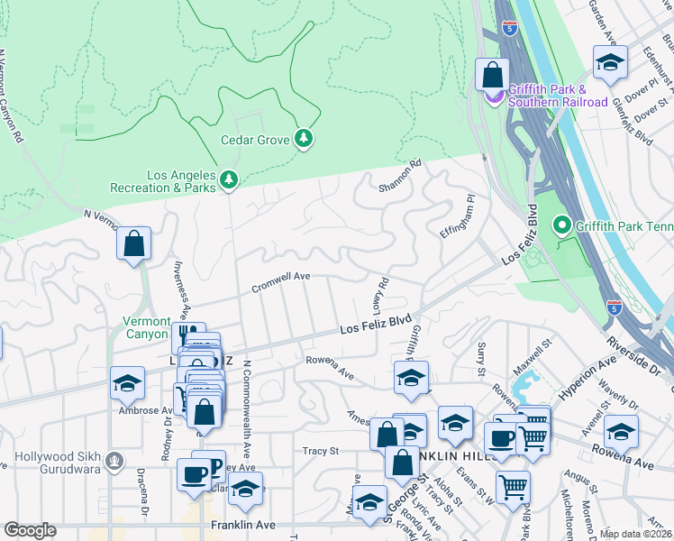 map of restaurants, bars, coffee shops, grocery stores, and more near 4041 Woking Way in Los Angeles