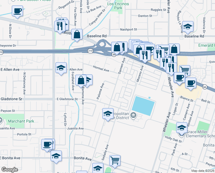 map of restaurants, bars, coffee shops, grocery stores, and more near 1047 Alondra Circle in La Verne