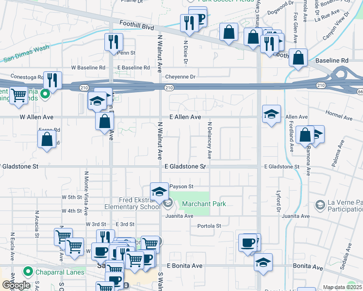 map of restaurants, bars, coffee shops, grocery stores, and more near 780 North Northcape Avenue in San Dimas