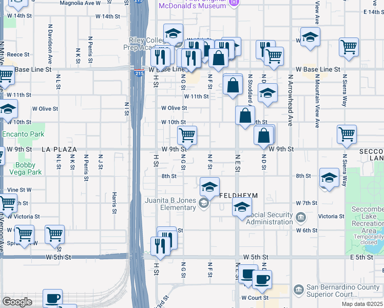 map of restaurants, bars, coffee shops, grocery stores, and more near 673 West 9th Street in San Bernardino