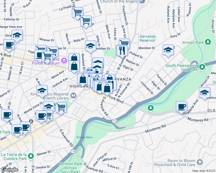 map of restaurants, bars, coffee shops, grocery stores, and more near 216 North Avenue 64 in Los Angeles