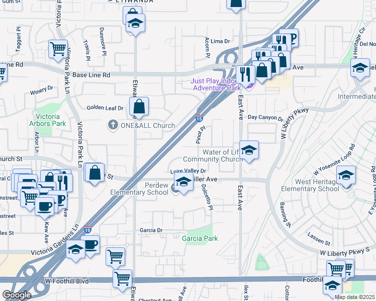 map of restaurants, bars, coffee shops, grocery stores, and more near 13093 River Oaks Drive in Rancho Cucamonga